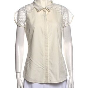 Lela Rose Off White Double Collar Silk 
Mesh Shoulders Button Up Top Sz 8